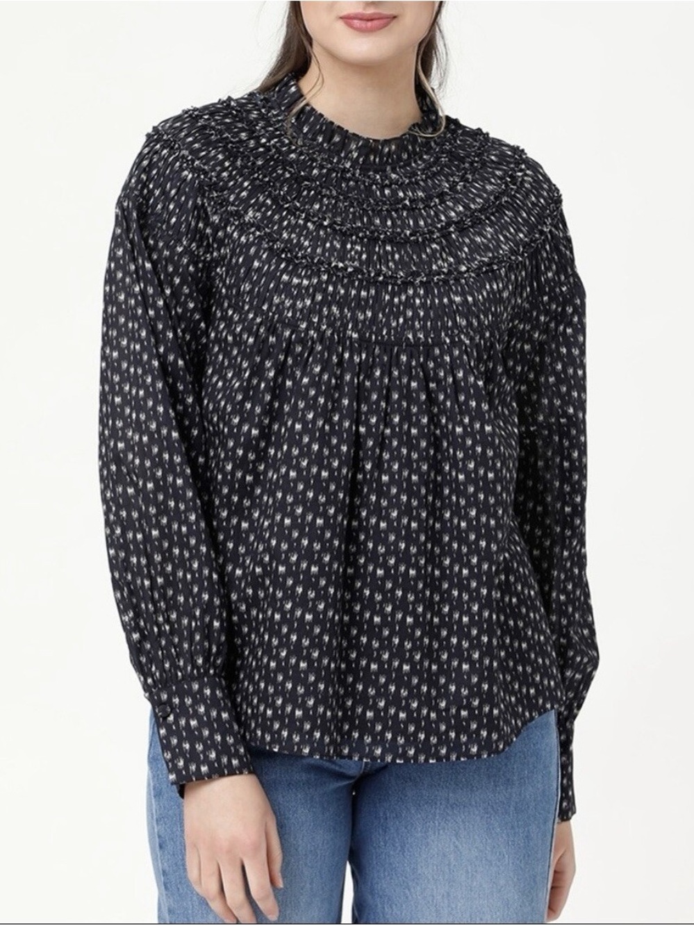 Rebecca Taylor Fleur & Black Dot Ikat Smocked Mock Neck Top
